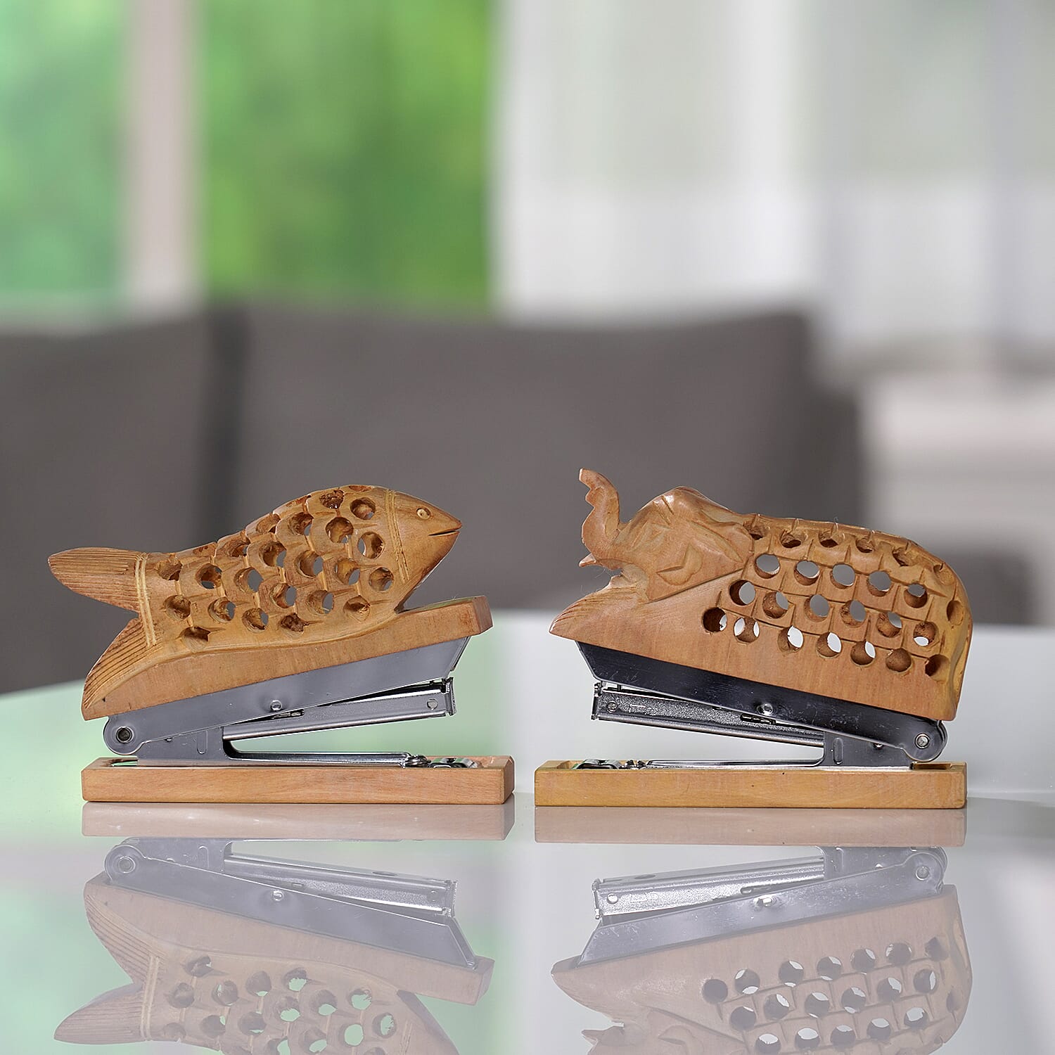 Handcarved Set of 2 Elephant & Fish Stapler