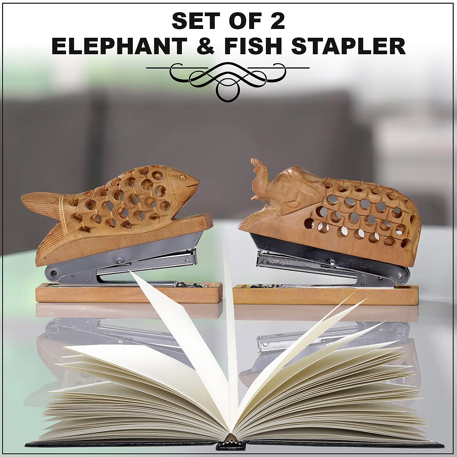 Handcarved Set of 2 Elephant & Fish Stapler