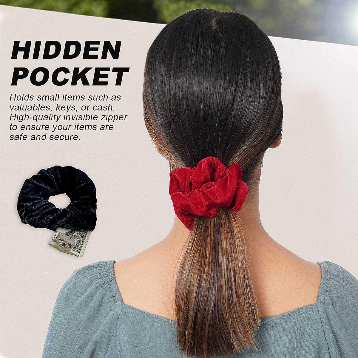 Set of 3 Black and Maroon Velvet Scrunchies with Zip Pocket image number 1