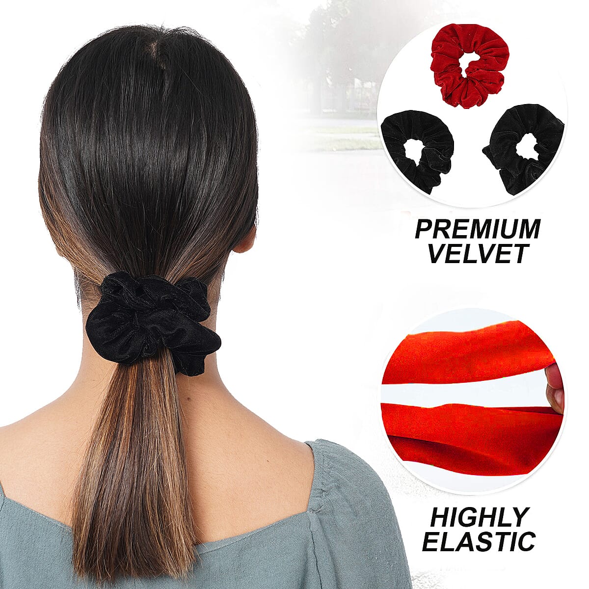 Set of 3 Black and Maroon Velvet Scrunchies with Zip Pocket image number 2