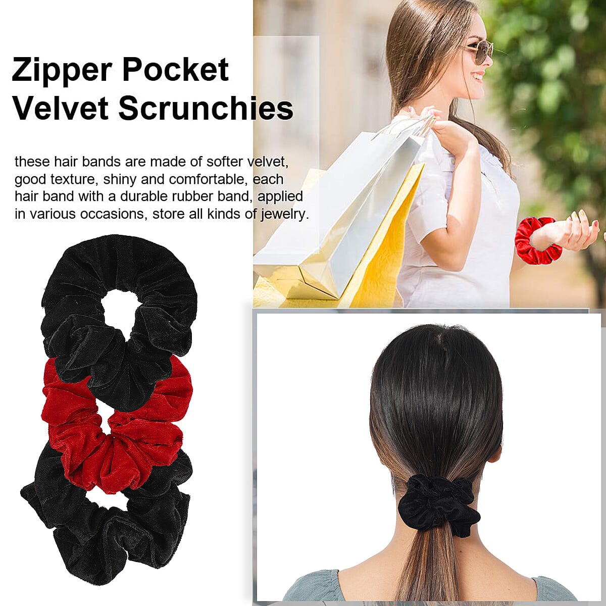 Set of 3 Black and Maroon Velvet Scrunchies with Zip Pocket image number 3