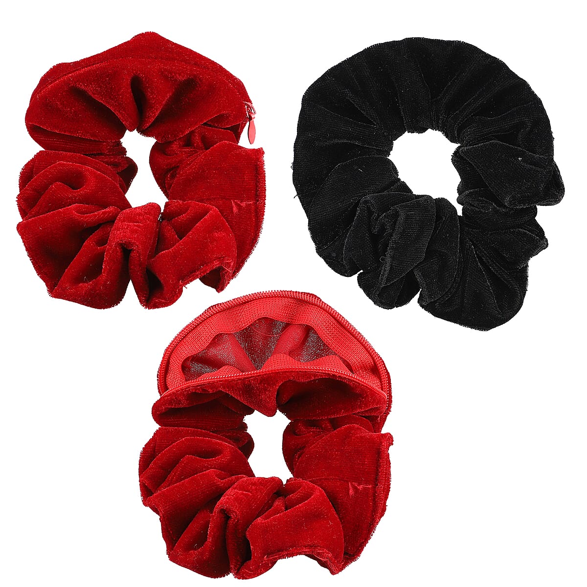 Set of 3 Black and Maroon Velvet Scrunchies with Zip Pocket image number 4