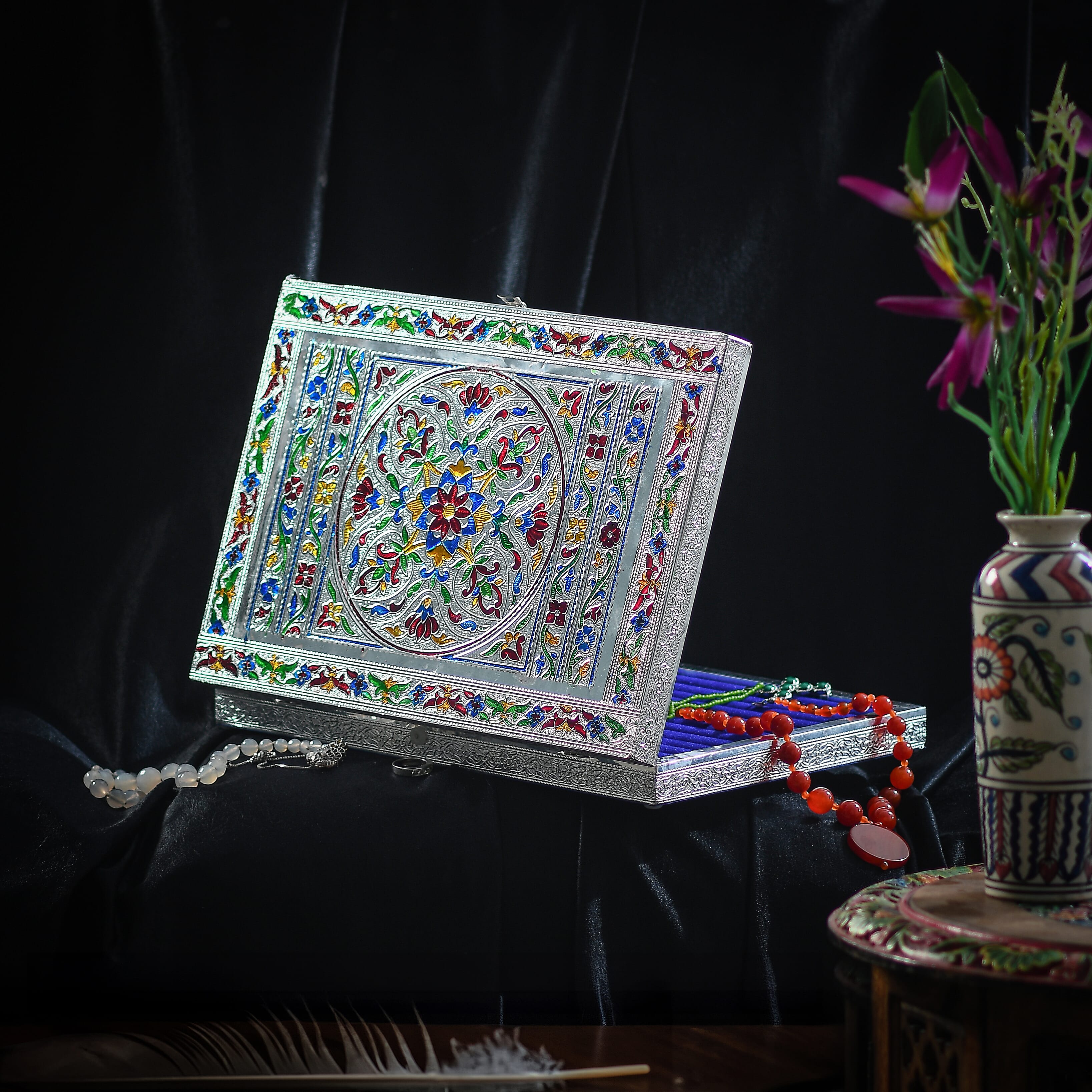 Handcrafted Aluminium Oxidized Flower Embossed Ring Box