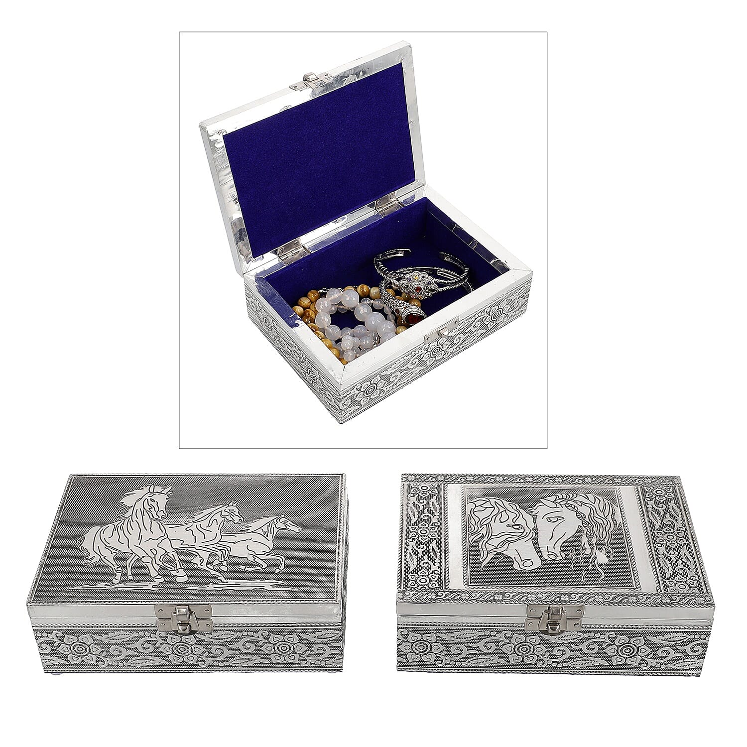 Set of 2 Aluminium Oxidized Horse Embossed Jewellery Box