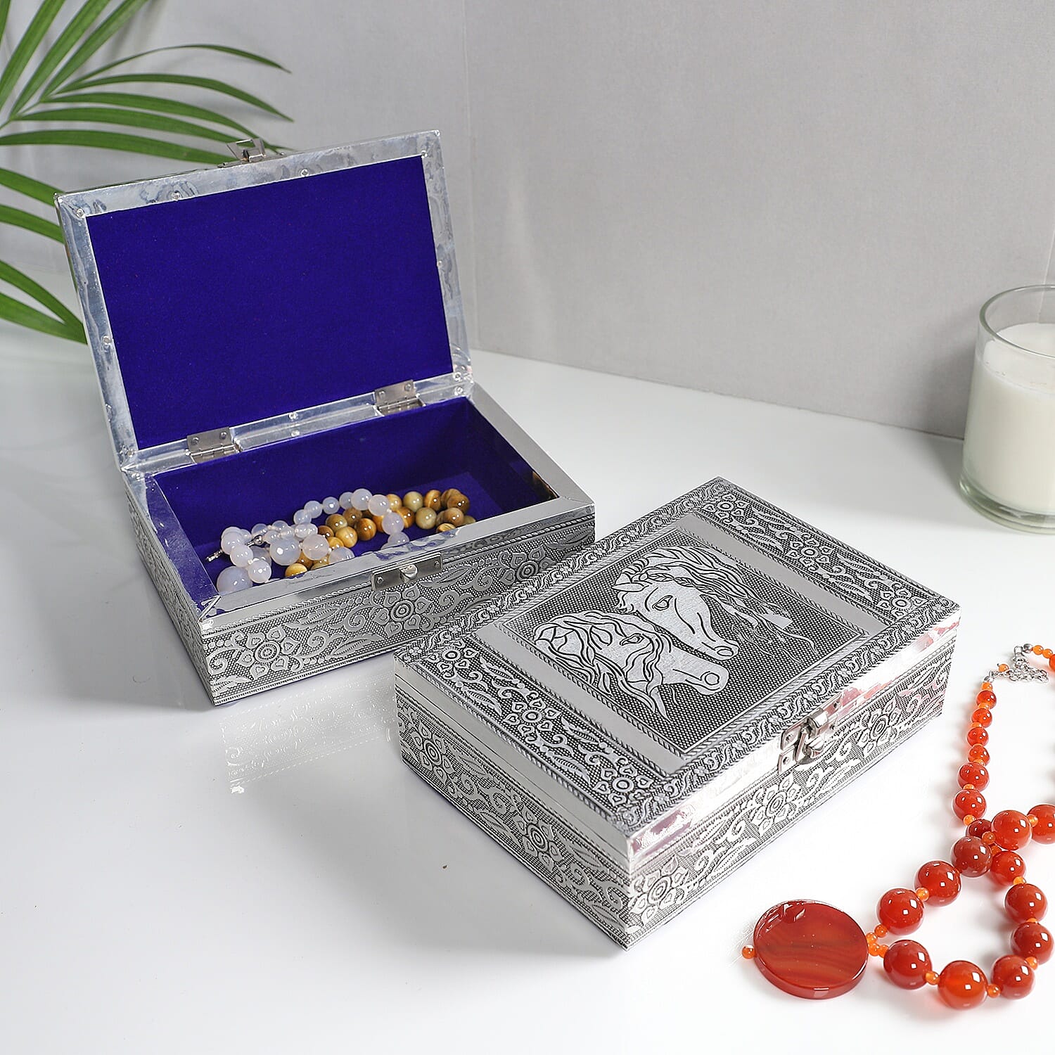 Set of 2 Aluminium Oxidized Horse Embossed Jewellery Box