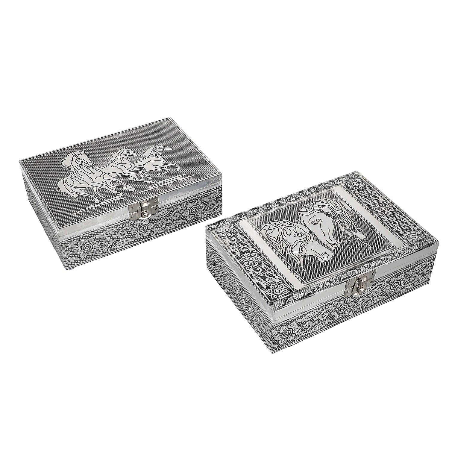 Set of 2 Aluminium Oxidized Horse Embossed Jewellery Box