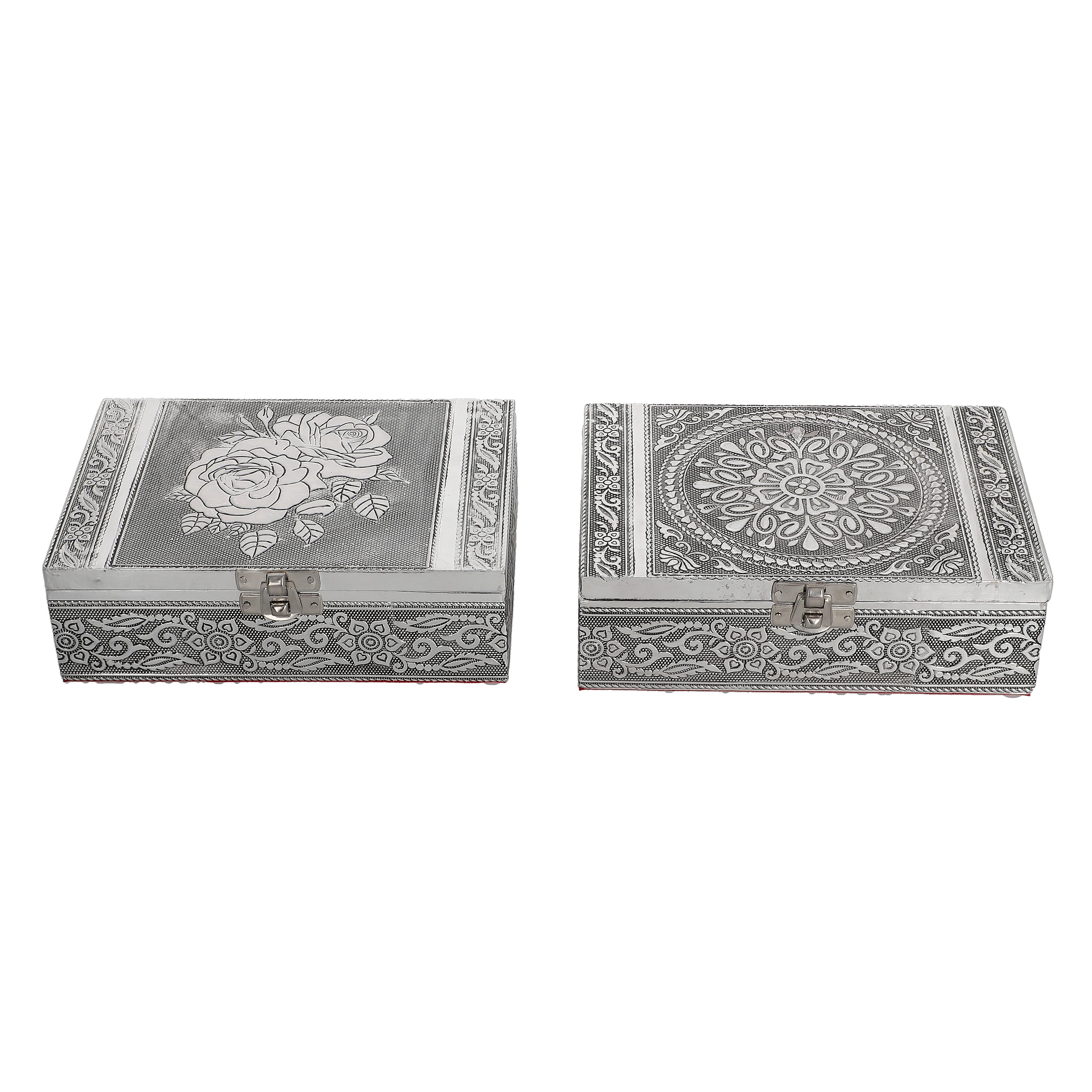 Set of 2 Aluminium Oxidized Rose and Flower Embossed Jewellery Box
