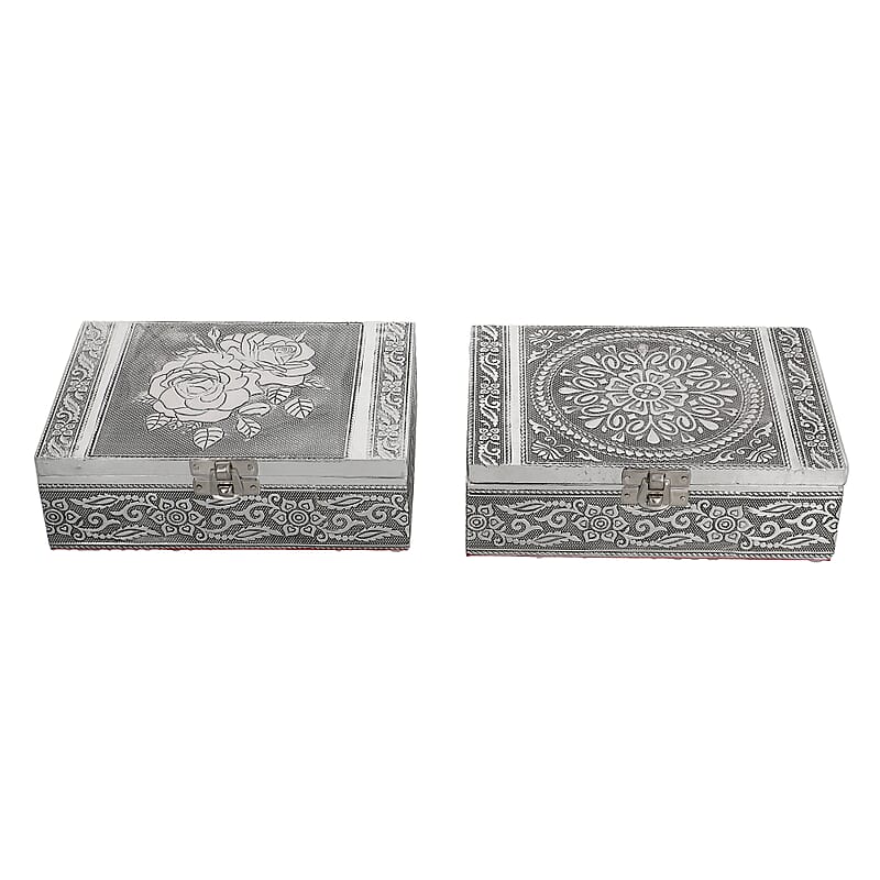 Set of 2 Aluminium Oxidized Rose and Flower Embossed Jewellery Box