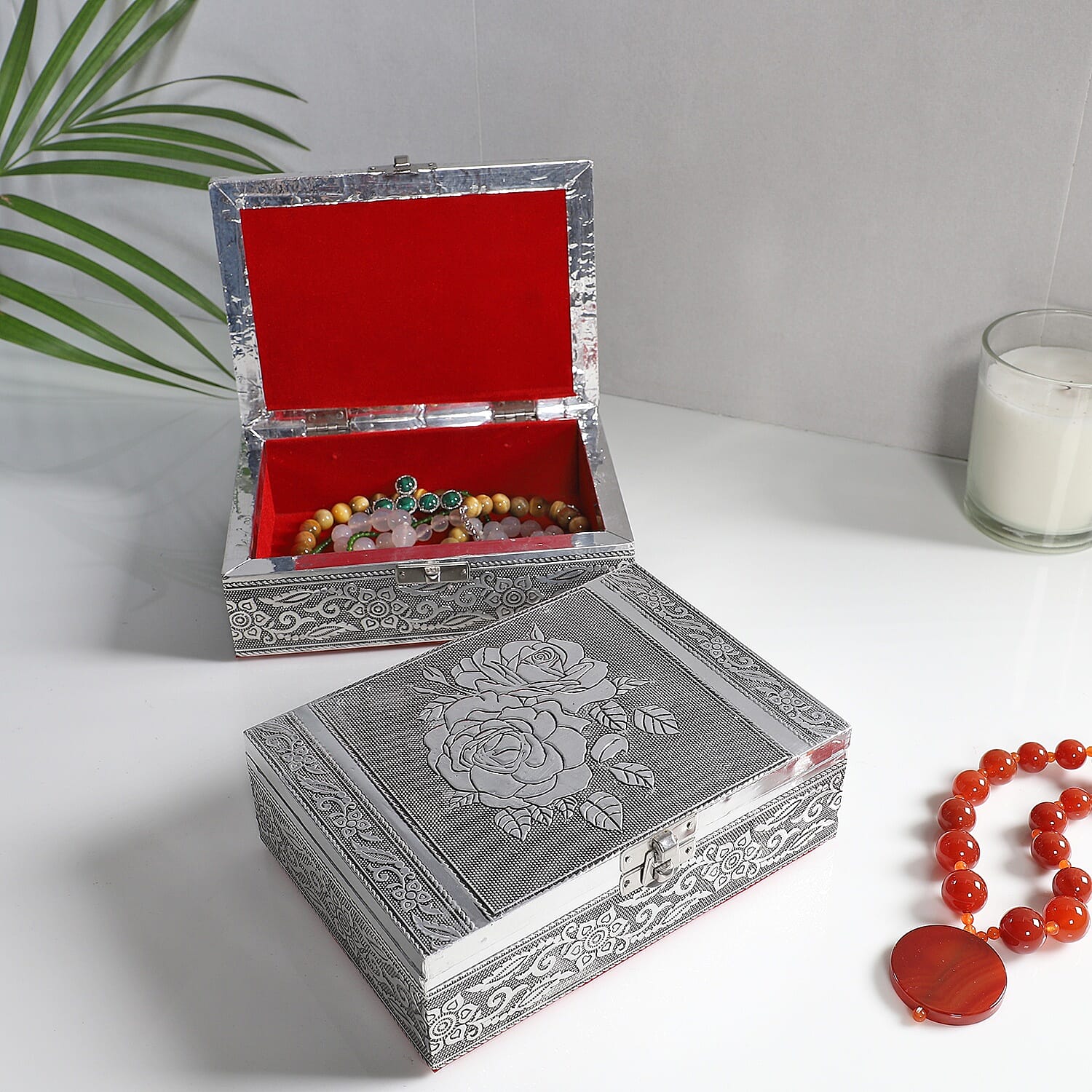 Set of 2 Aluminium Oxidized Rose and Flower Embossed Jewellery Box