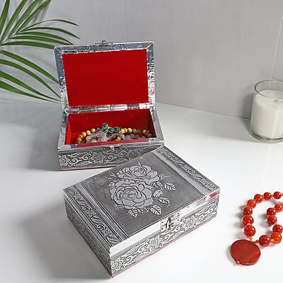 Set of 2 Aluminium Oxidized Rose and Flower Embossed Jewellery Box