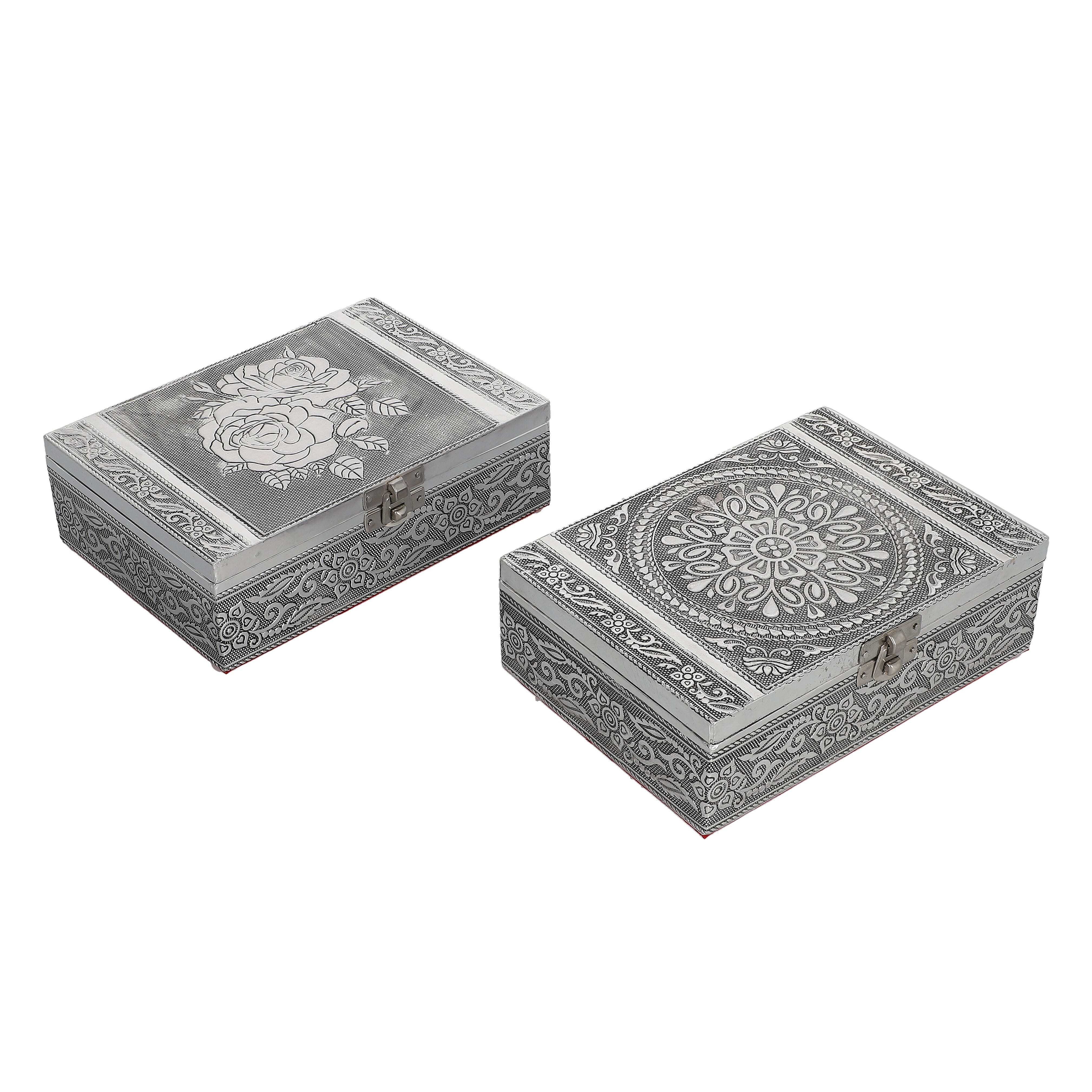 Set of 2 Aluminium Oxidized Rose and Flower Embossed Jewellery Box