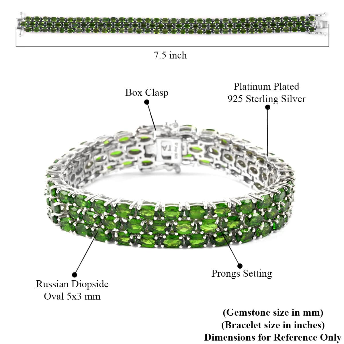 Natural Chrome Diopside Three Row Bracelet in Platinum Over Sterling Silver (7.25 In) 24.20 Grams 24.50 ctw image number 3