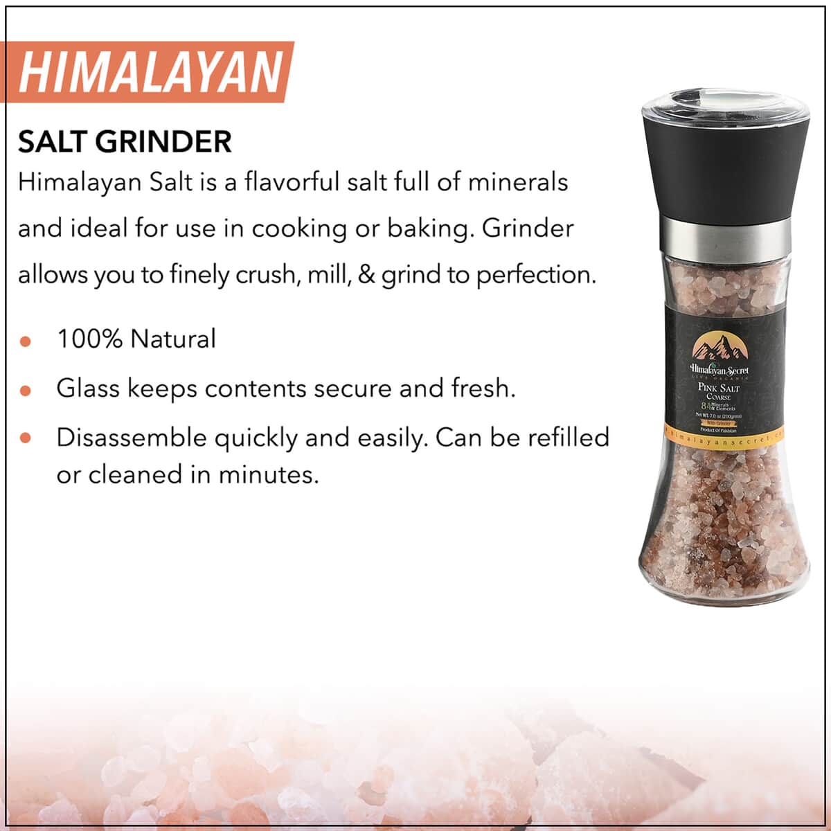 Himalayan Dark Pink Salt 2-5mm Coarse, Salt Glass Grinder 200gm & Himalayan Fine Grain Salt 1Kg Pouch image number 2