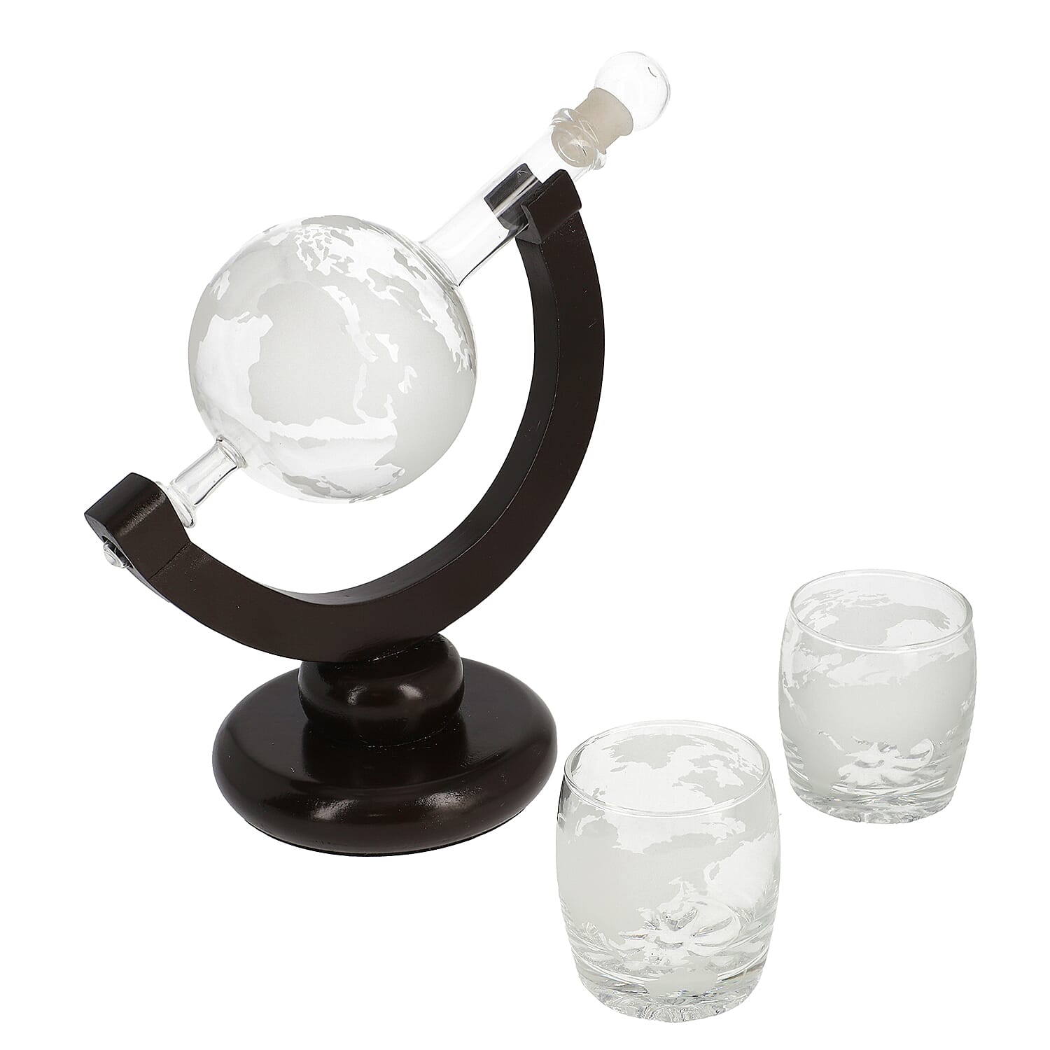 Drinkware Glass Globe Decanter Set with Wooden stand and 2 Whisky Glasses for Liquor, Ideal Bar Decor Gift