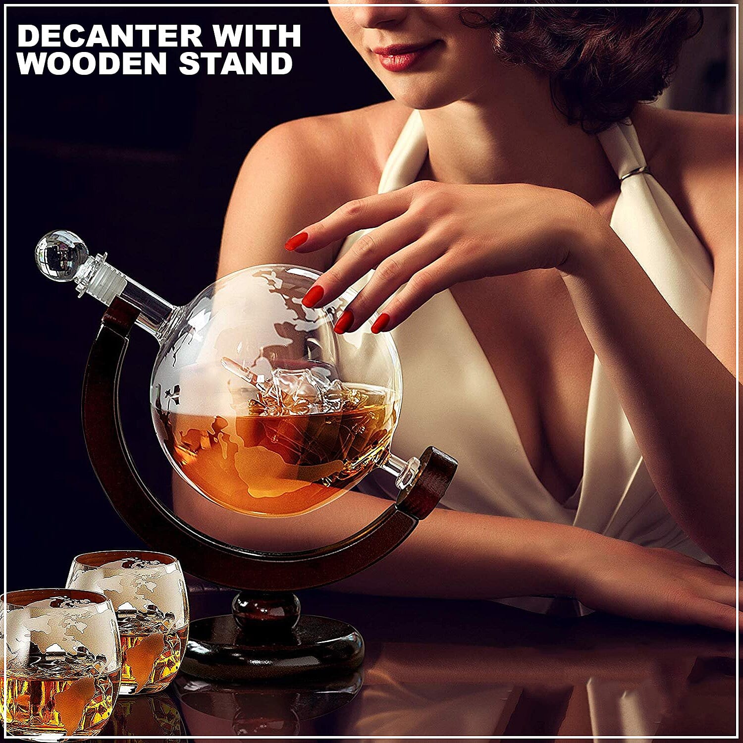 Drinkware Glass Globe Decanter Set with Wooden stand and 2 Whisky Glasses for Liquor, Ideal Bar Decor Gift