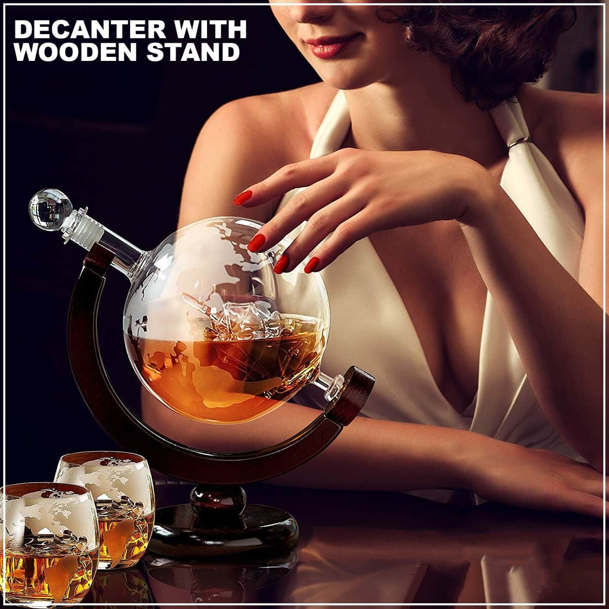 Drinkware Glass Globe Decanter Set with Wooden stand and 2 Whisky Glasses for Liquor, Ideal Bar Decor Gift image number 1