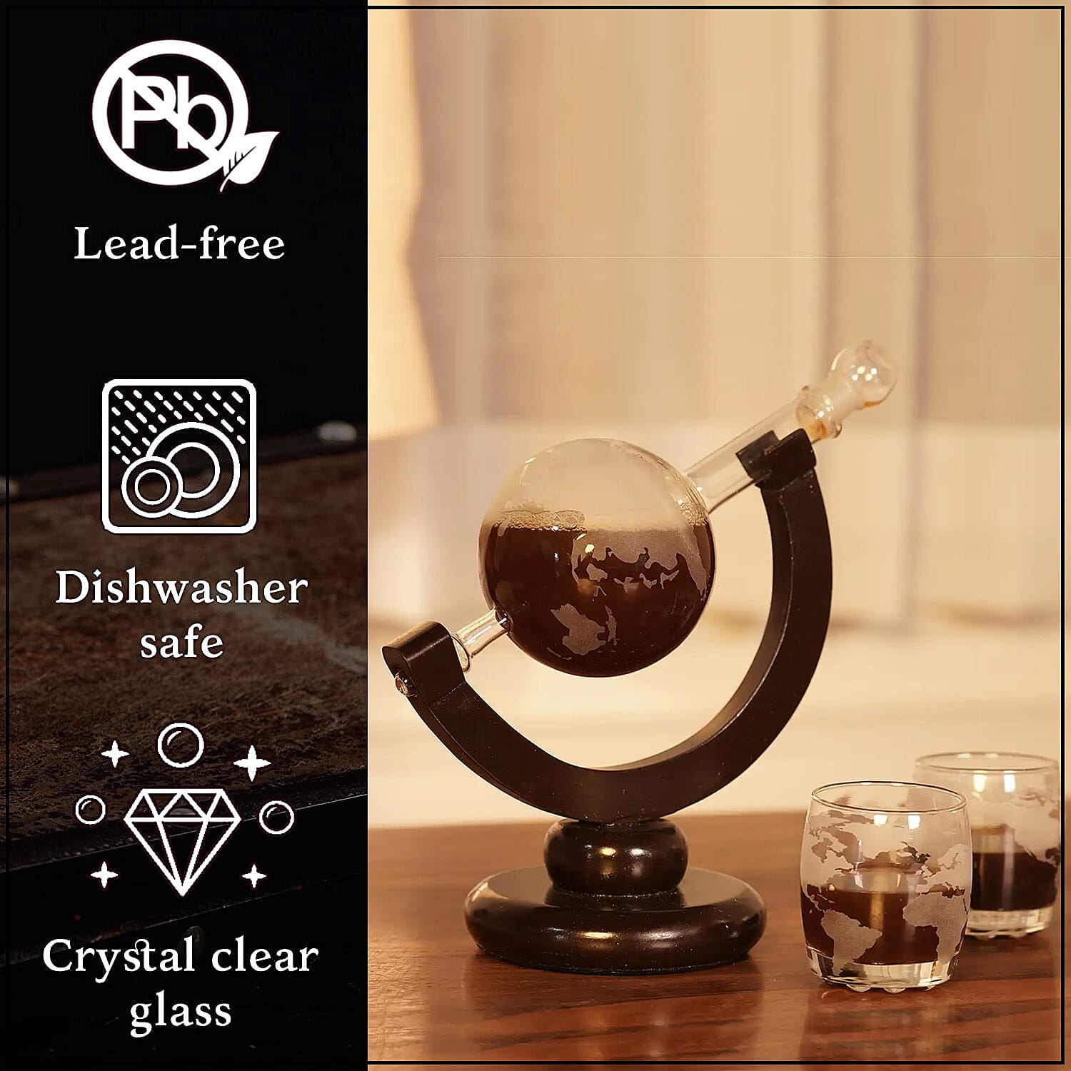 Drinkware Glass Globe Decanter Set with Wooden stand and 2 Whisky Glasses for Liquor, Ideal Bar Decor Gift