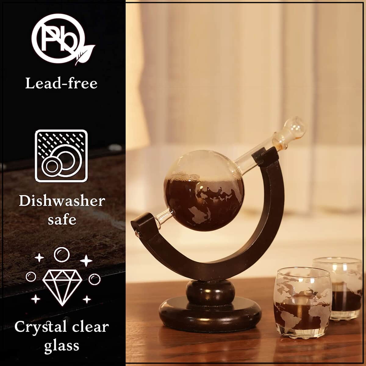 Drinkware Glass Globe Decanter Set with Wooden stand and 2 Whisky Glasses for Liquor, Ideal Bar Decor Gift image number 2