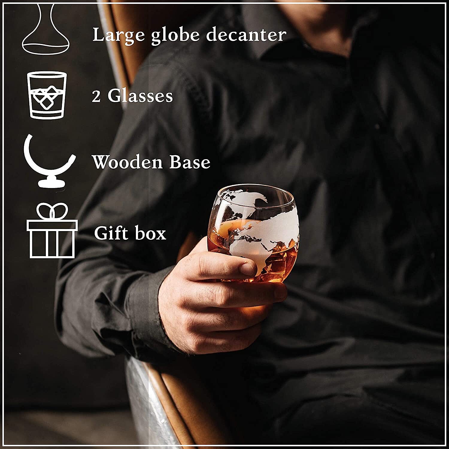 Drinkware Glass Globe Decanter Set with Wooden stand and 2 Whisky Glasses for Liquor, Ideal Bar Decor Gift