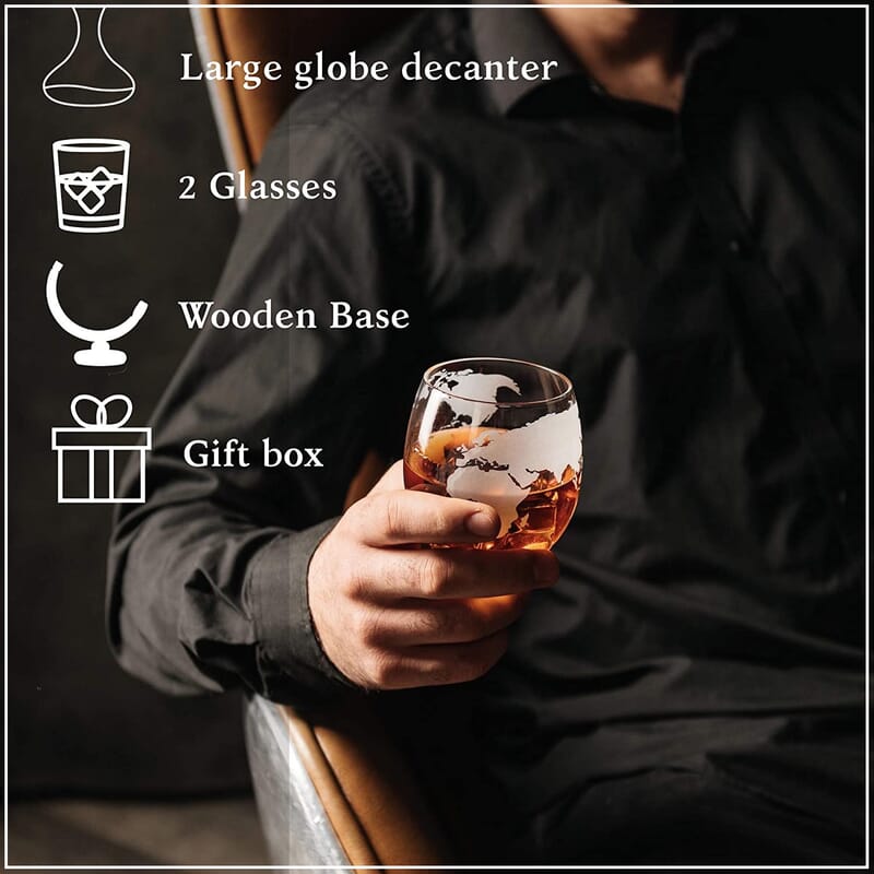 Drinkware Glass Globe Decanter Set with Wooden stand and 2 Whisky Glasses for Liquor, Ideal Bar Decor Gift