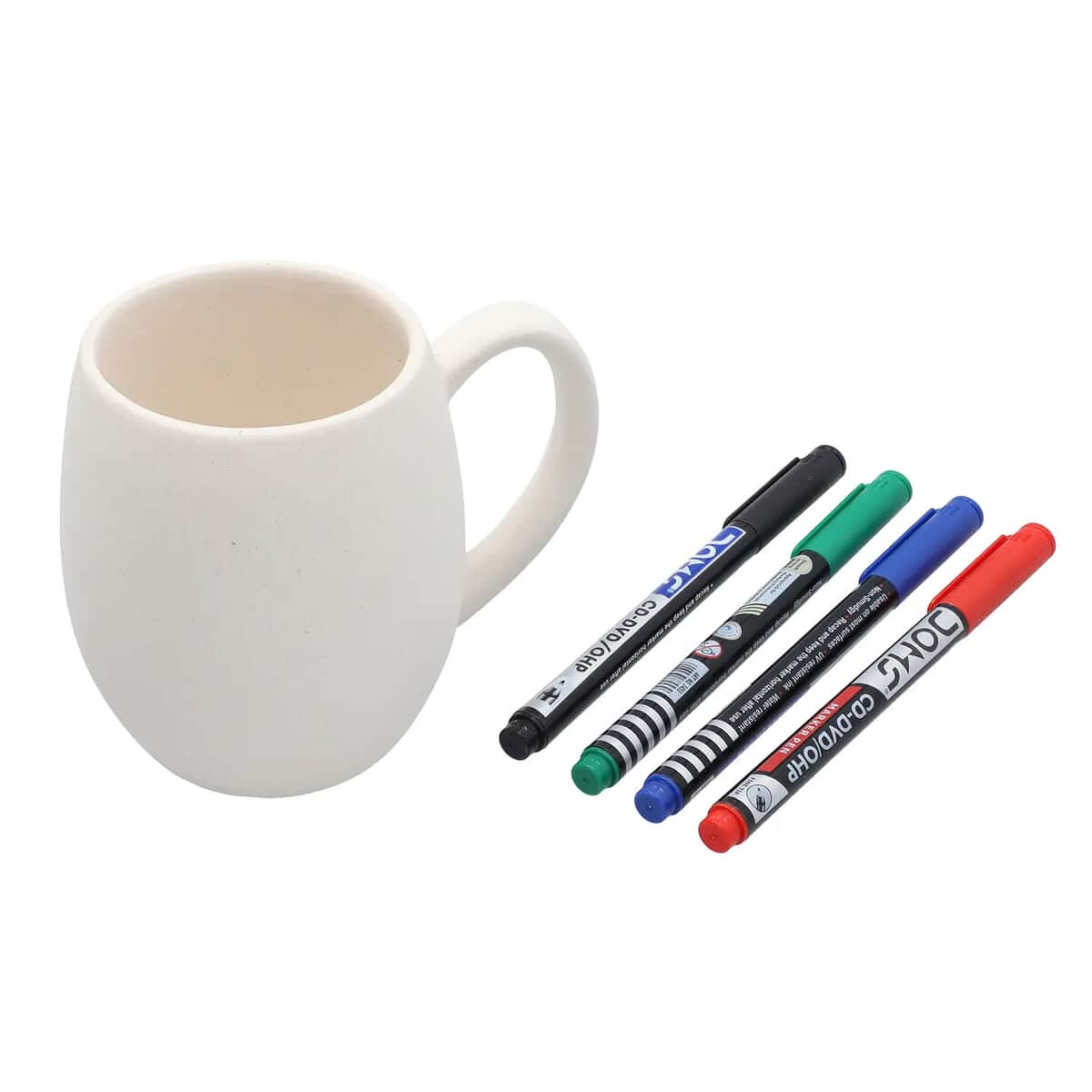 White Ceramic Cup with Handle and 4 Colored Waterproof Markers (13.52 Oz.) image number 0