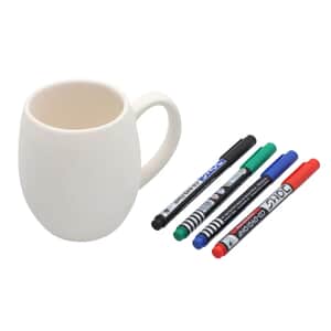 White Ceramic Cup with Handle and 4 Colored Waterproof Markers (13.52 Oz.)