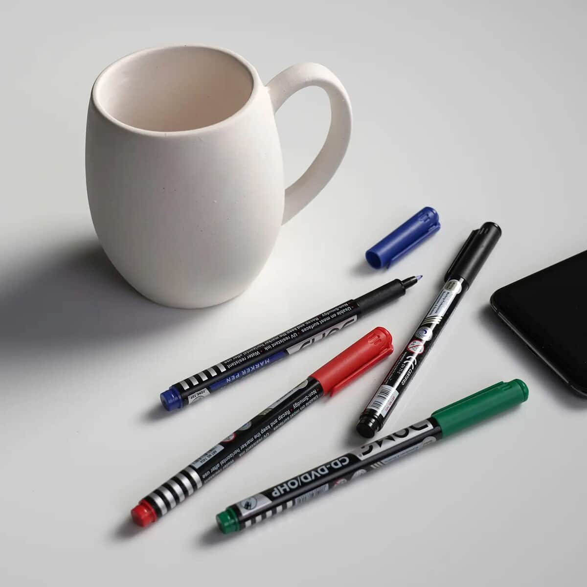 White Ceramic Cup with Handle and 4 Colored Waterproof Markers (13.52 Oz.) image number 1