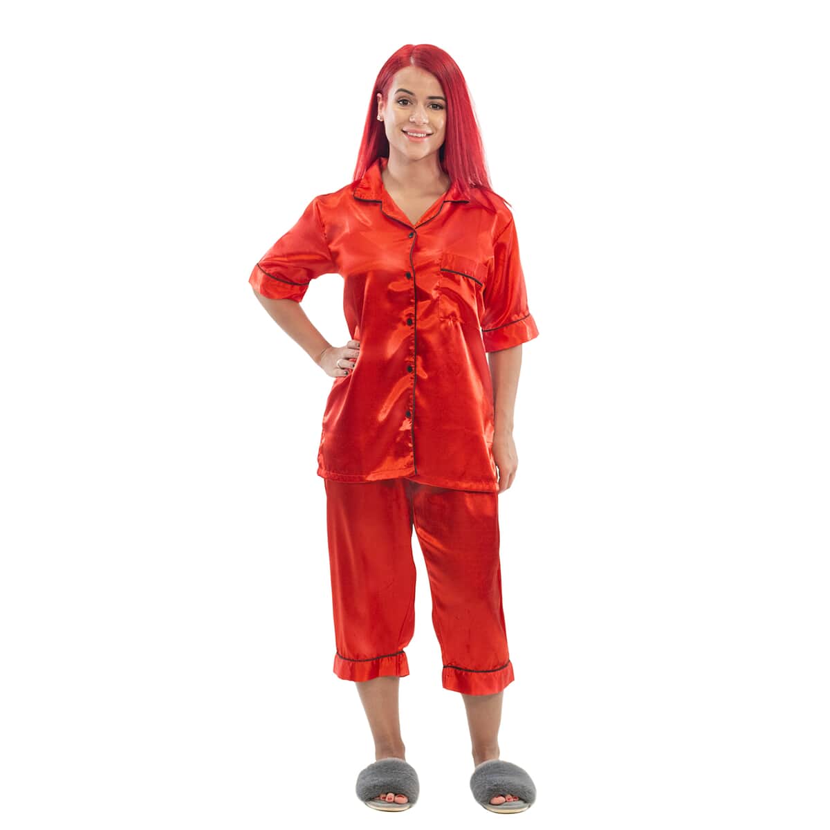 Satin Short Sleeve Collared Pajama Set with Piping Detail - Candy Apple Red - 2X image number 0