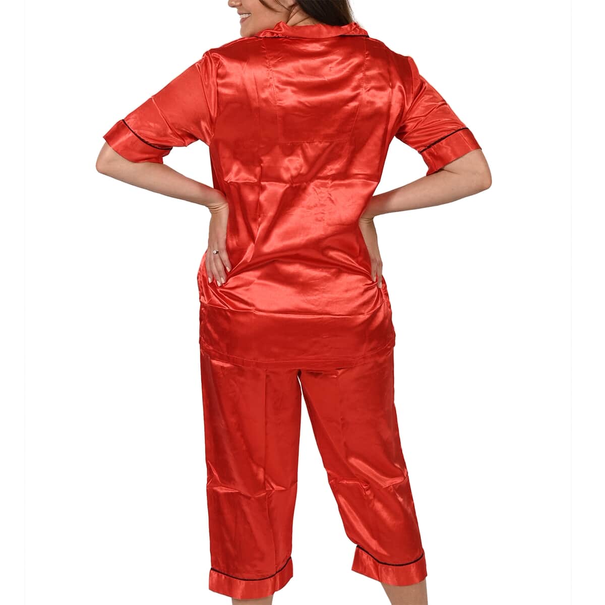Satin Short Sleeve Collared Pajama Set with Piping Detail - Candy Apple Red - 2X image number 1