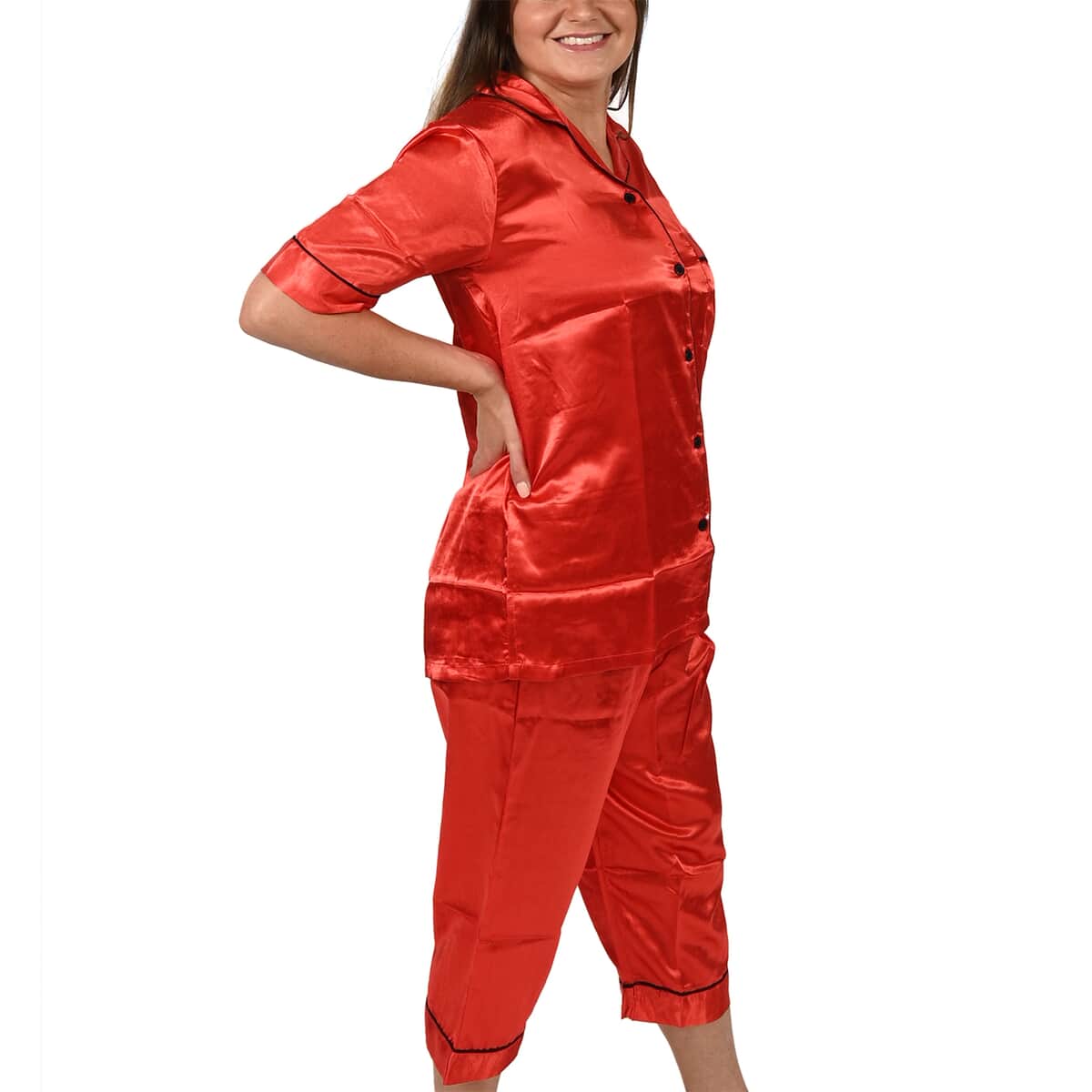 Satin Short Sleeve Collared Pajama Set with Piping Detail - Candy Apple Red - 2X image number 2