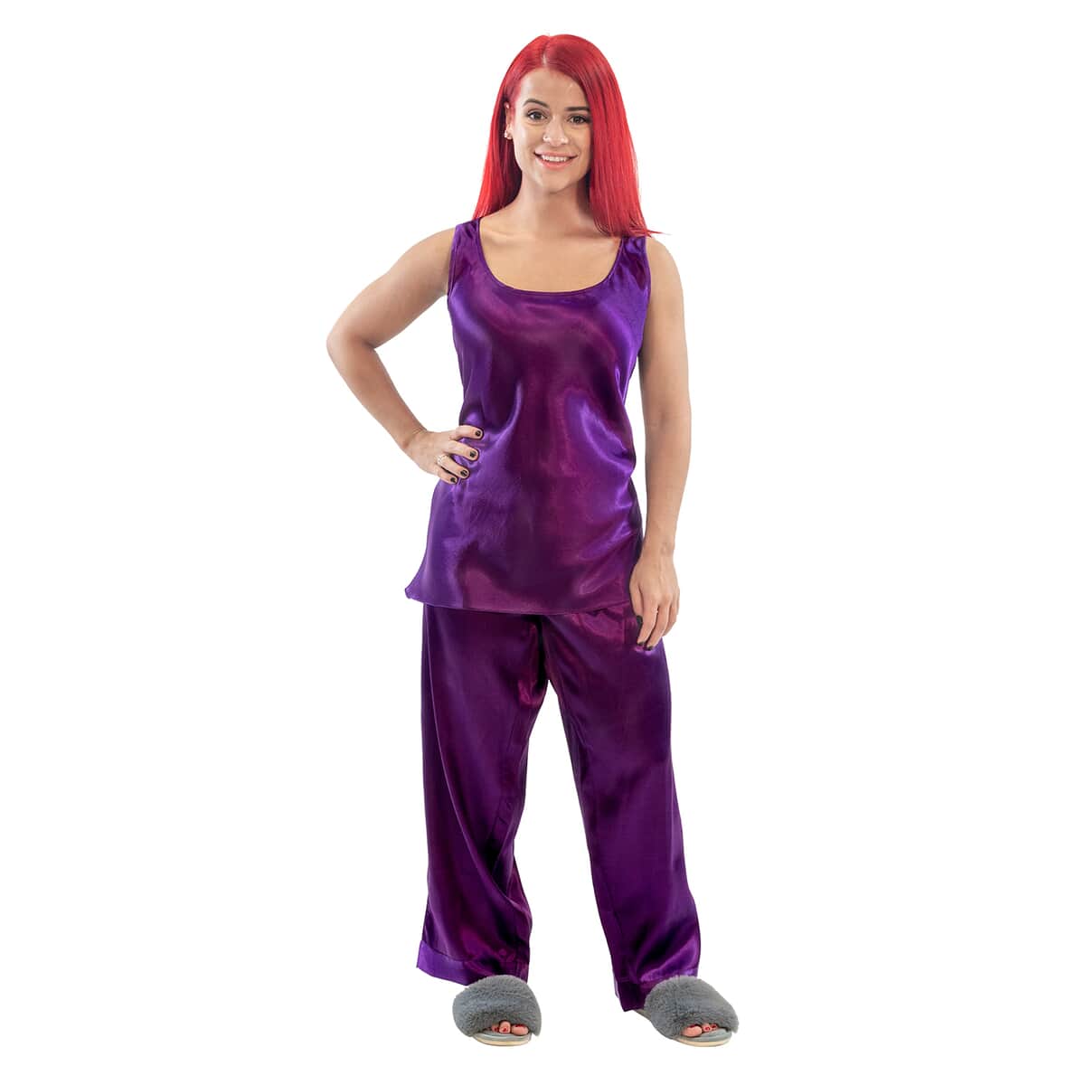 Satin Sleeveless A -Line Top Pajama Set - Purple - M image number 0