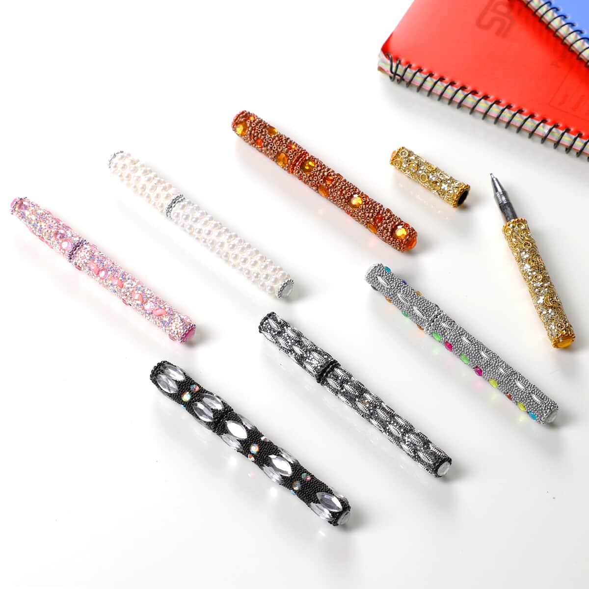 Set of 7 Metallic Multi Colored Beaded Pens | Best Refillable Ballpoint Pen | Beadable Decorative Pen image number 1