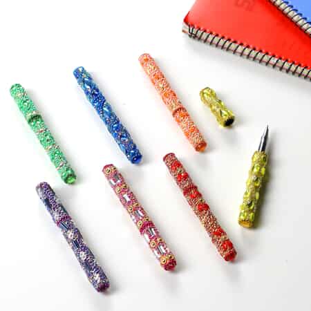 Set of 7 Rainbow Multi Colored Beaded Pens , Best Refillable Ballpoint Pen , Beadable Decorative Pen image number 1
