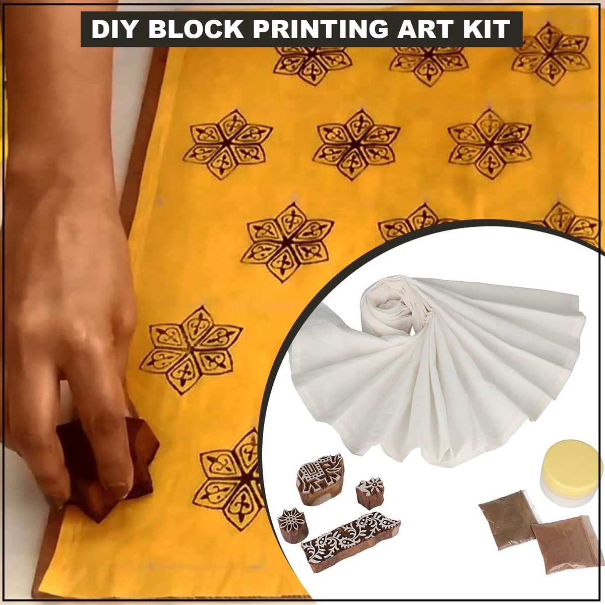 DIY Block Printing Art Kit (4 Design Wooden Block, 2 Natural Dye Color and Runner Cotton Sheet) image number 1