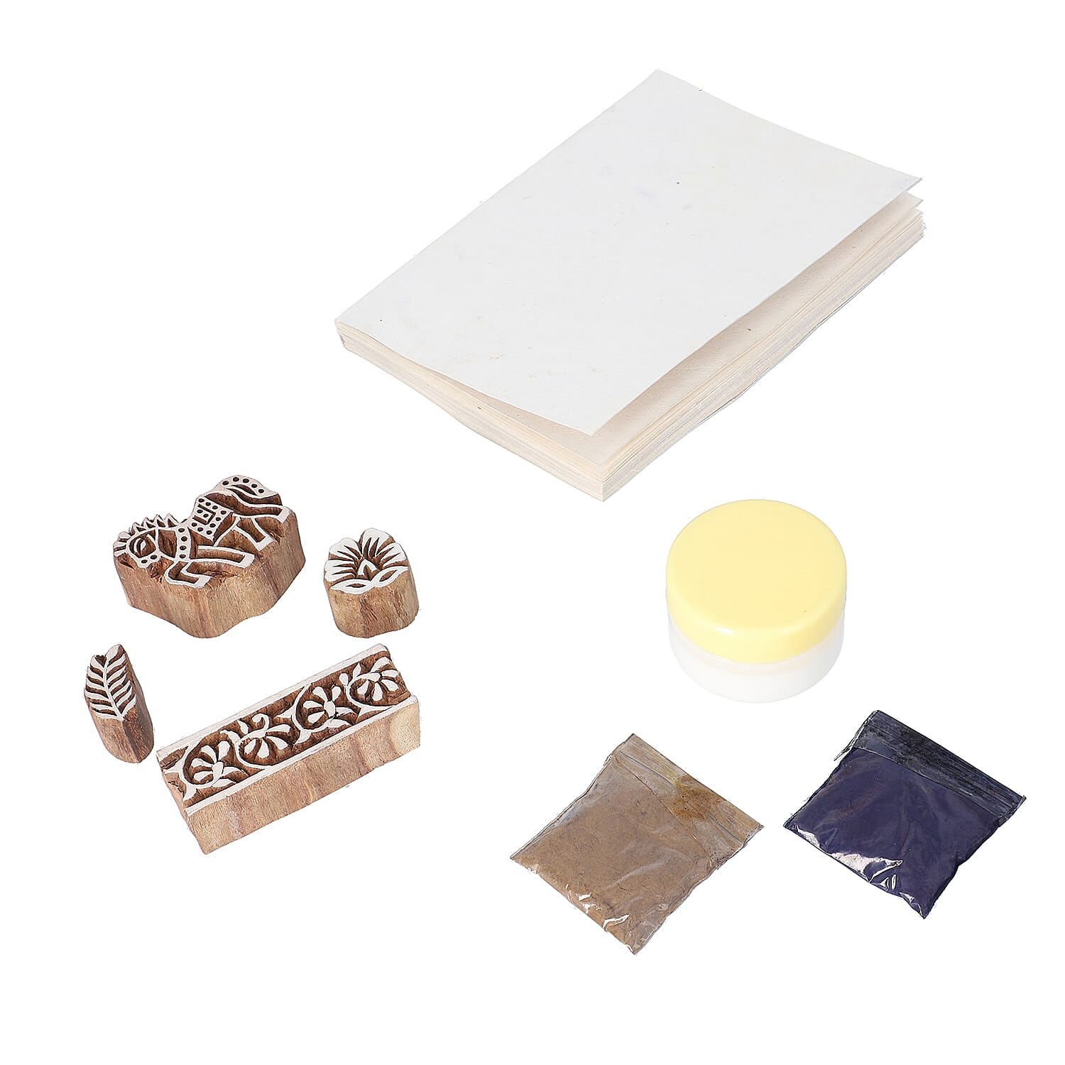 DIY Block Printing Art Kit (4 Design Wooden Block, 2 Natural Dye Color and Runner Cotton Sheet)