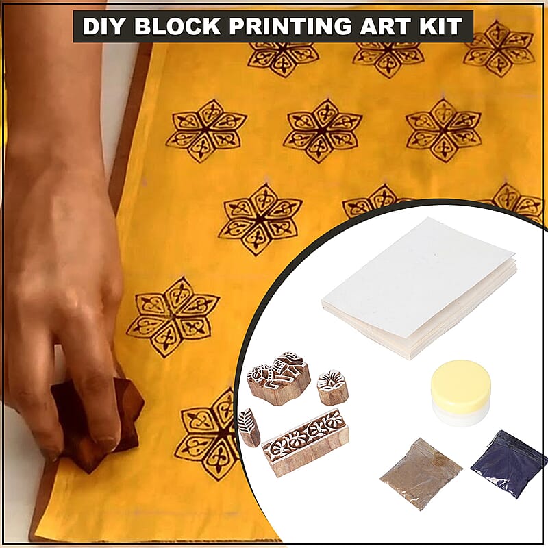 DIY Block Printing Art Kit (4 Design Wooden Block, 2 Natural Dye Color and 100 Pages Soft Page Note Book)