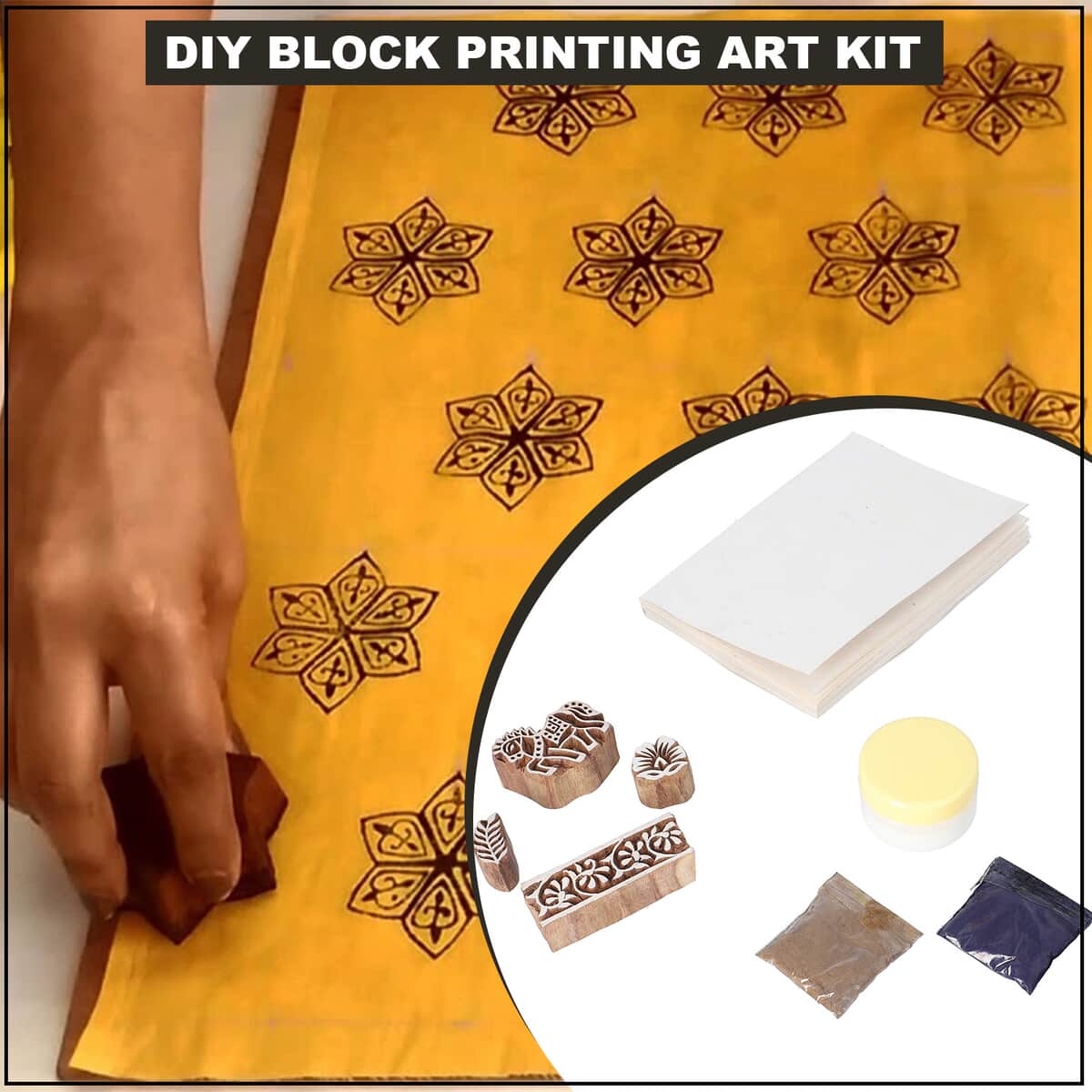 DIY Block Printing Art Kit (4 Design Wooden Block, 2 Natural Dye Color and 100 Pages Soft Page Note Book) image number 1