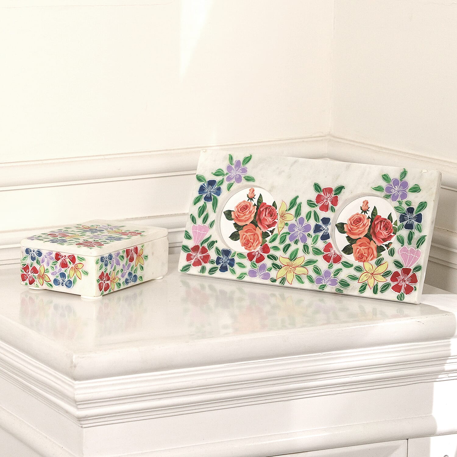 Blue And Multi Color Hand Painted  Set of Marble Box & Marble Photo Frame
