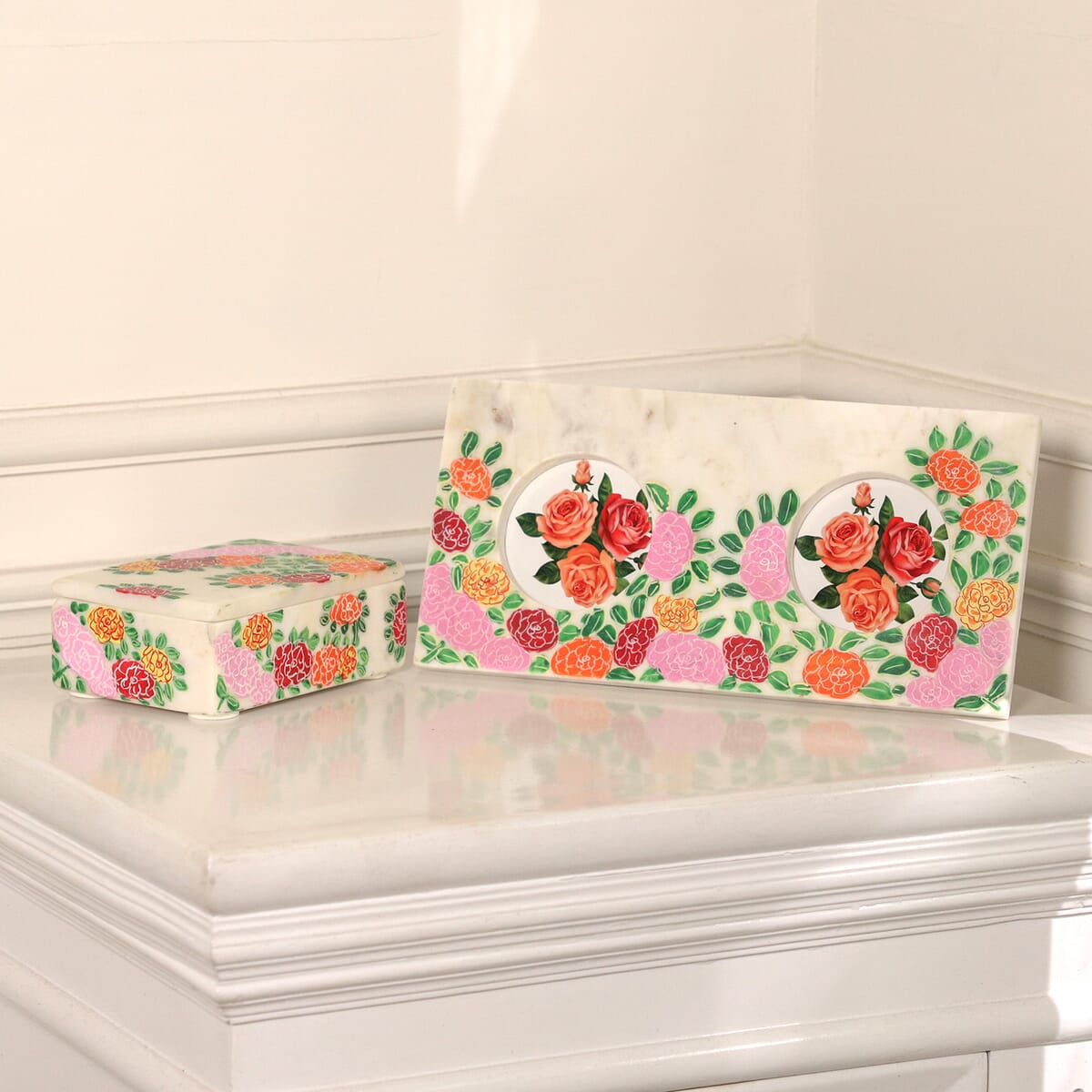Pink And Multi Color Hand Painted Set of Marble Box & Marble Photo Frame image number 1