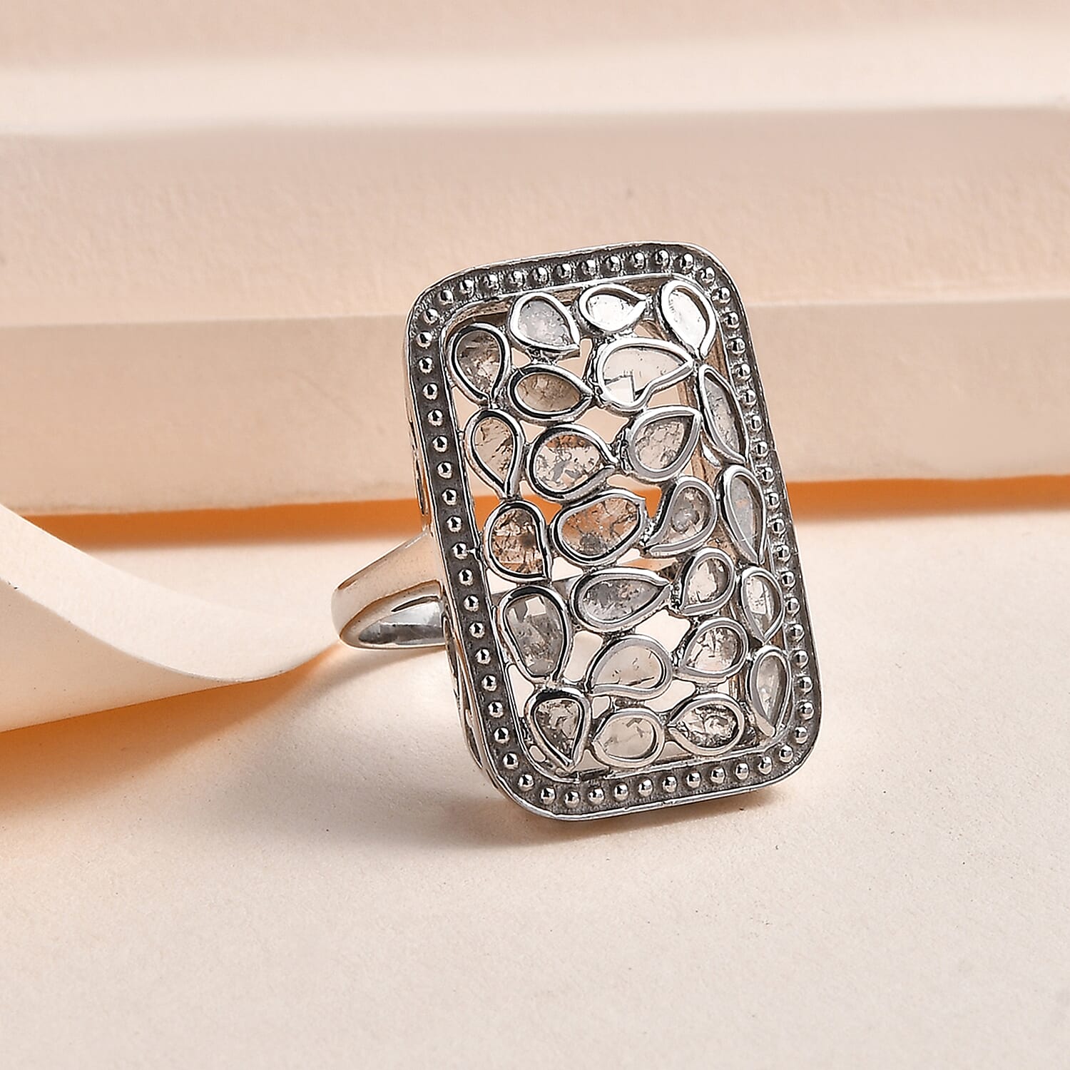 Polki Diamond Ring in Platinum Over Sterling Silver (Size 10.0) 1.00 ctw