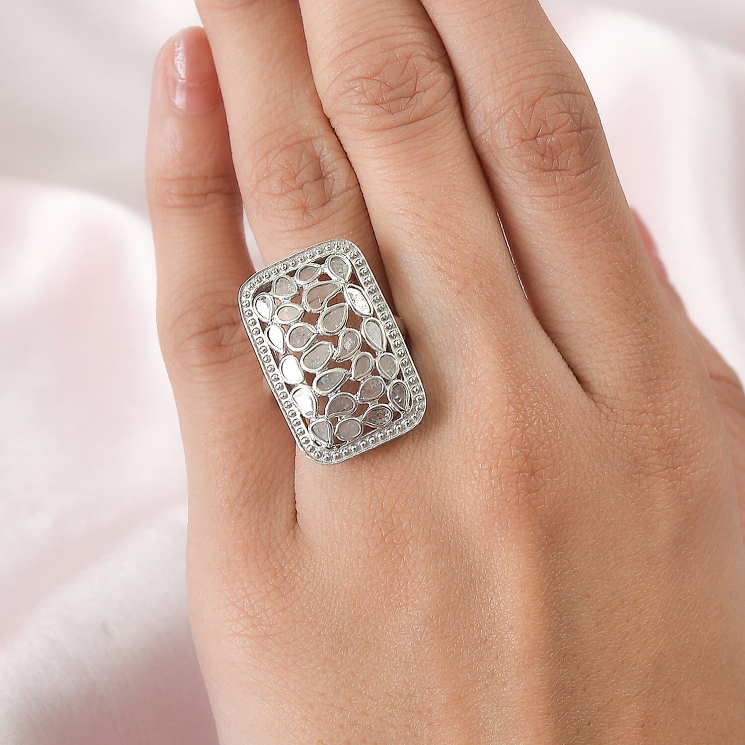 Polki Diamond Ring in Platinum Over Sterling Silver (Size 10.0) 1.00 ctw