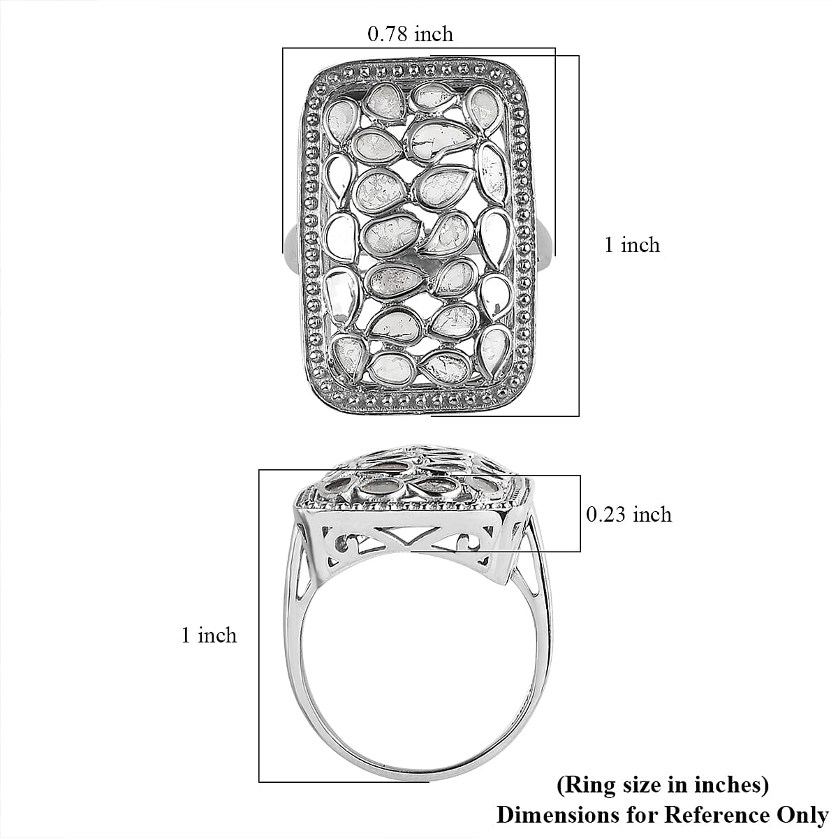 Polki Diamond Ring in Platinum Over Sterling Silver (Size 10.0) 1.00 ctw