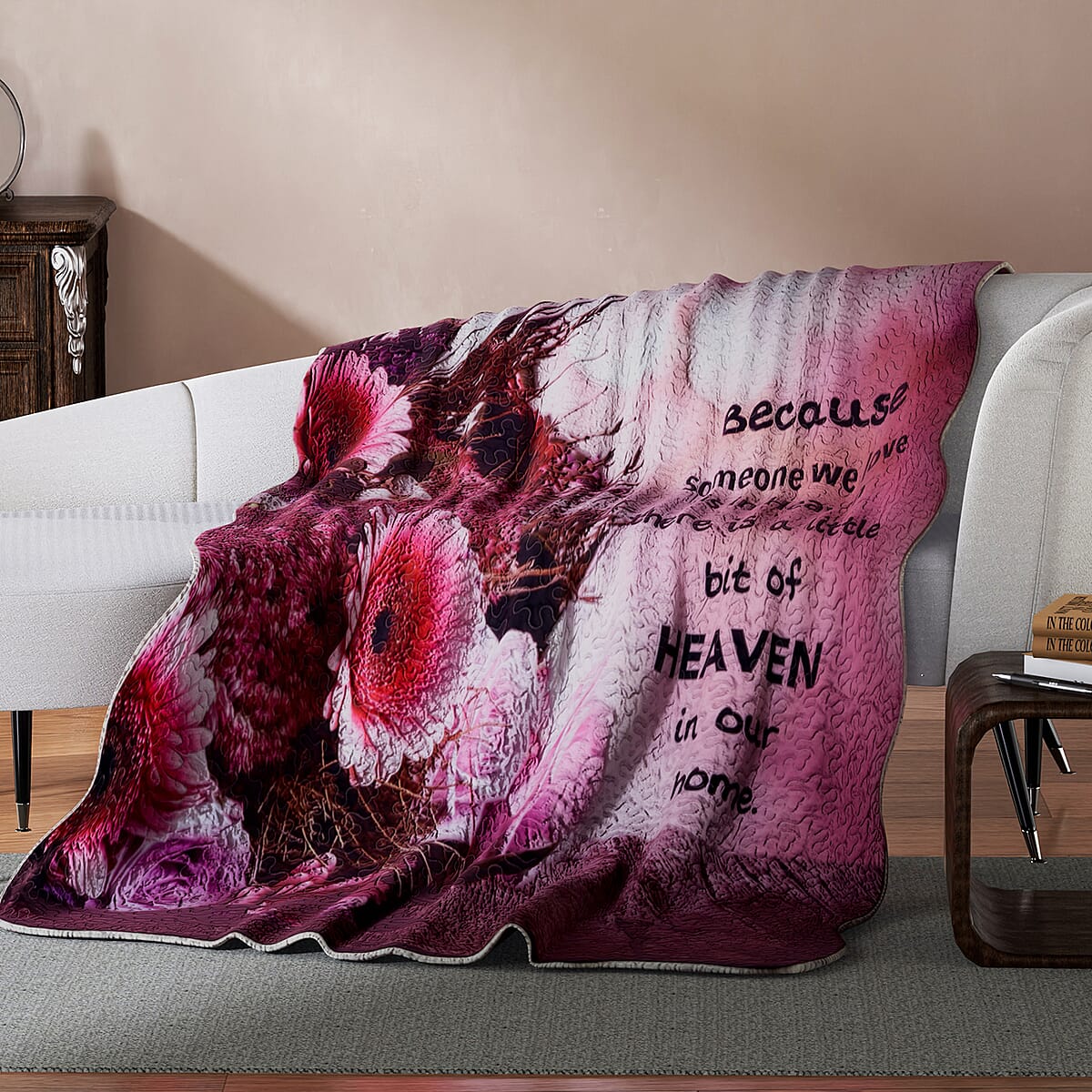Inspirational Quotes Bed Throw Quilt Blankets - Heaven, Pink Floral  (Ships in 8-10 Business Days) image number 1