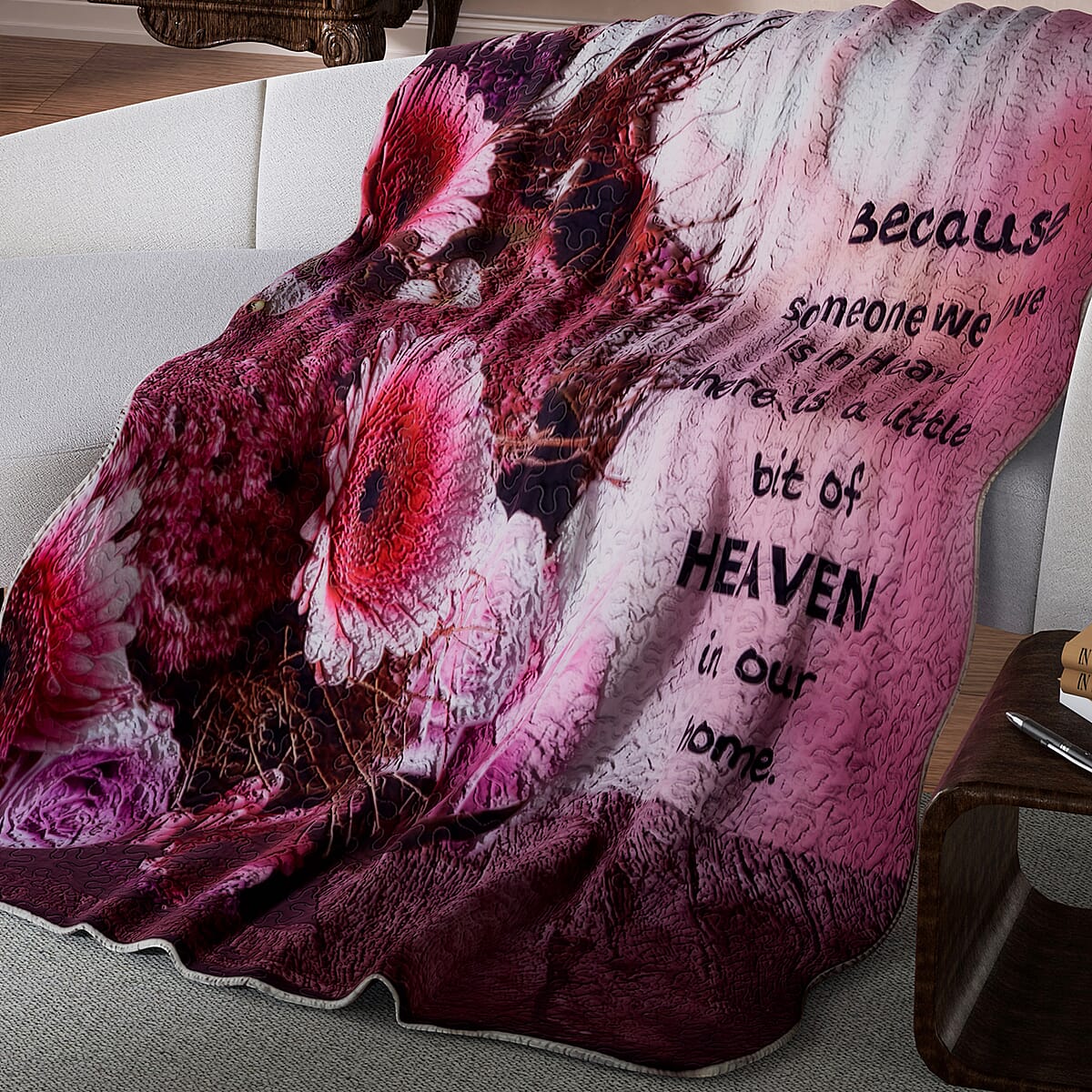 Inspirational Quotes Bed Throw Quilt Blankets - Heaven, Pink Floral  (Ships in 8-10 Business Days) image number 2