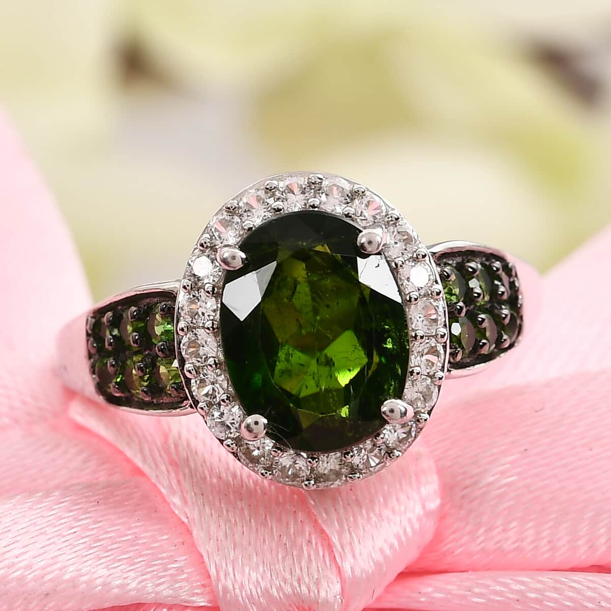 Natural Chrome Diopside and Natural White Zircon Ring in Platinum Over Sterling Silver (Size 7.0) 2.60 ctw image number 1