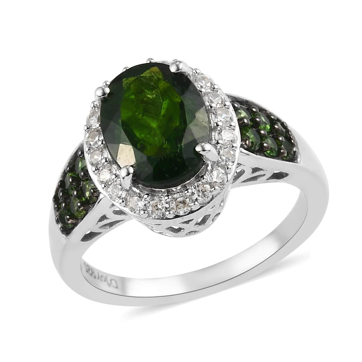 Natural Chrome Diopside and Natural White Zircon Ring in Platinum Over Sterling Silver (Size 8.0) 2.60 ctw image number 0