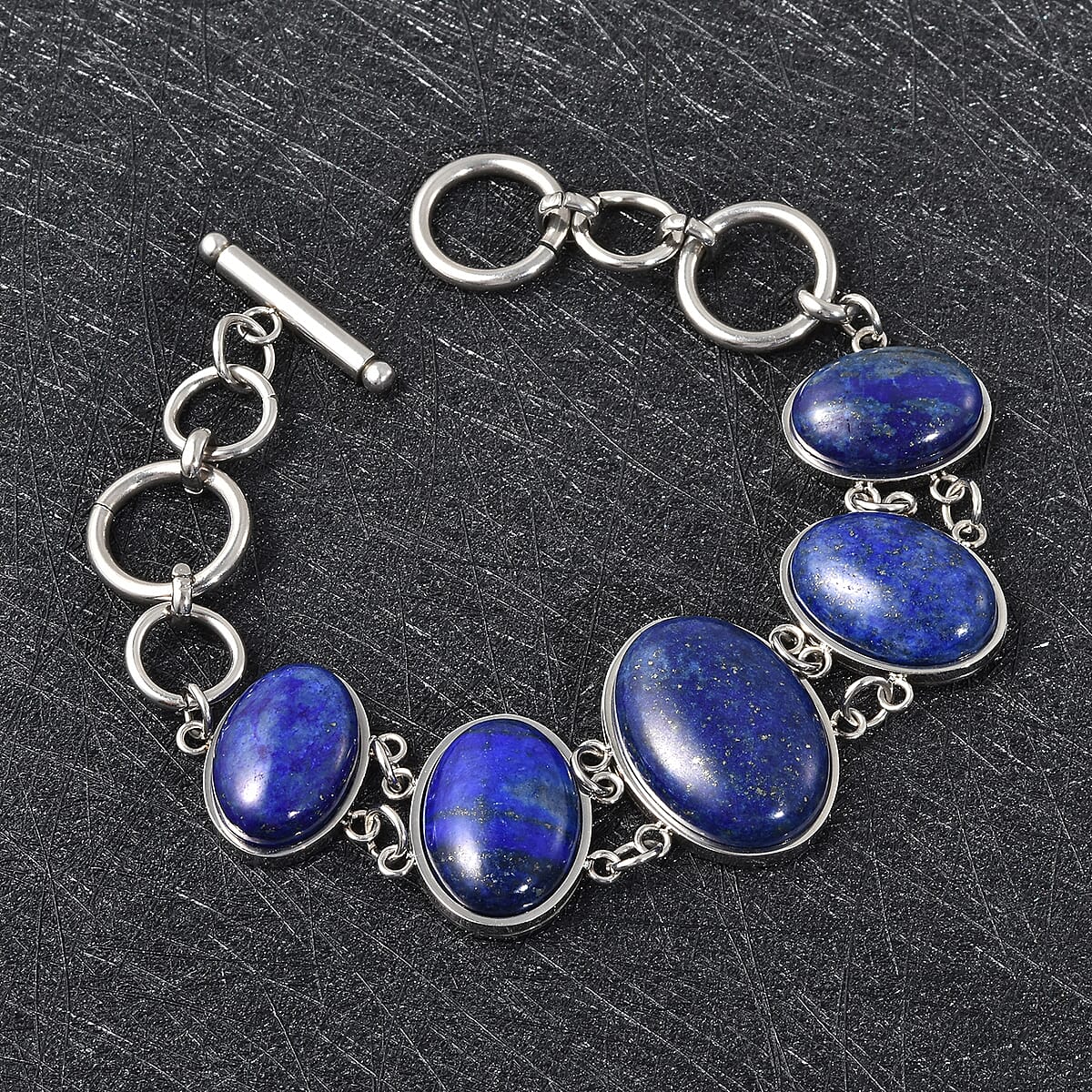 Lapis Lazuli Block and Toggle Clasp Bracelet in Stainless Steel (6.50 In) 55.00 ctw image number 1