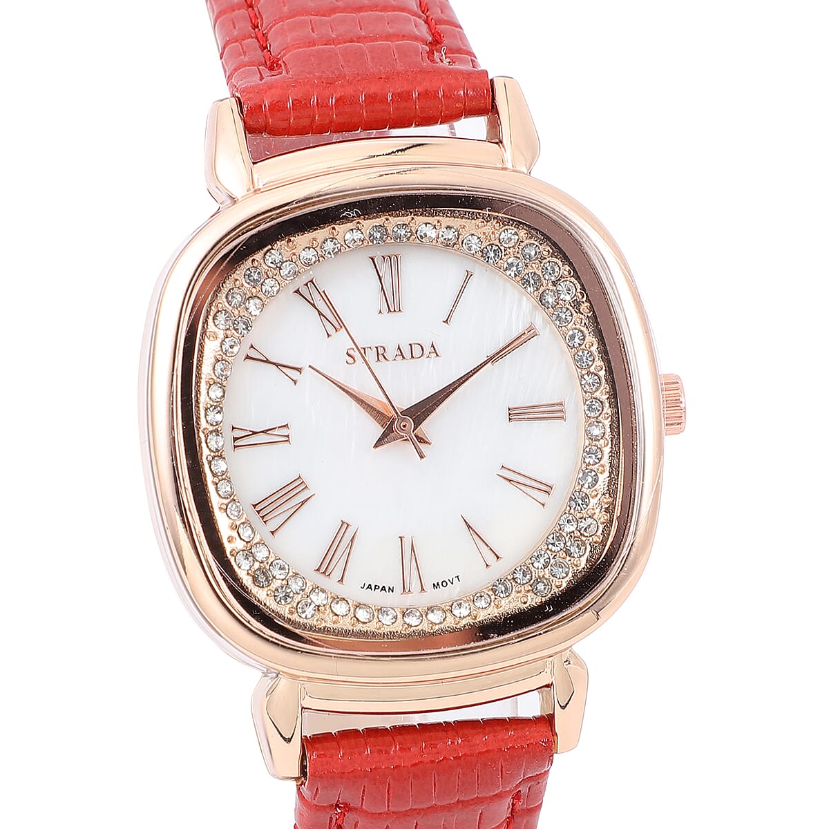 STRADA 10th ANNIVERSARY SPECIAL Austrian Crystal Japanese Movement Water Resistant Watch with Red Faux Leather Band image number 2