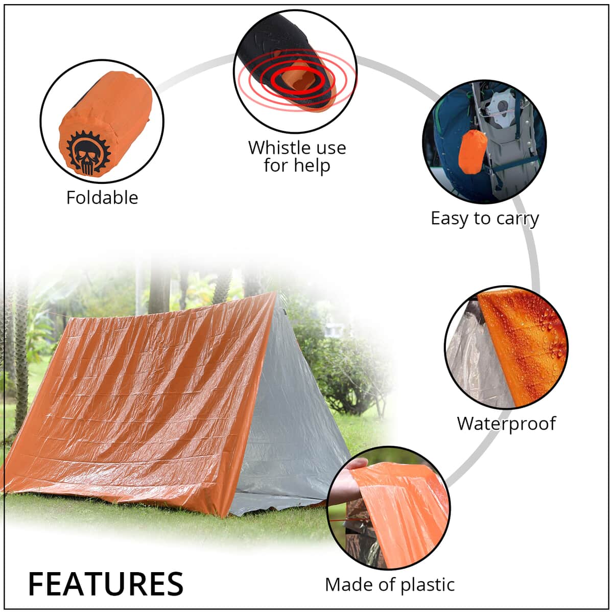 Orange Emergency Tent with a Drawstring Storage Bag and Whistle image number 2