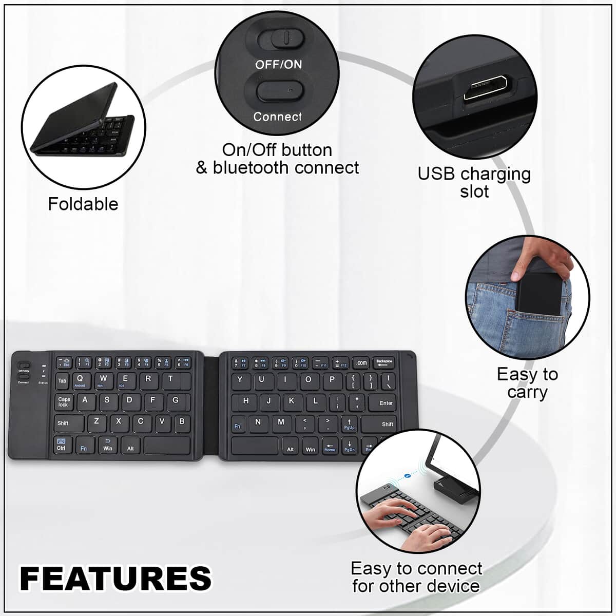 Black Foldable Bluetooth Keyboard (12.2" x 3.35") image number 2
